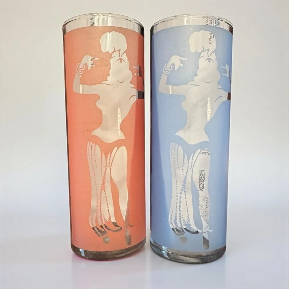 Pair of Vintage Dominion Glass Canada Arabian Tom Collin’s Glasses Pink Blue